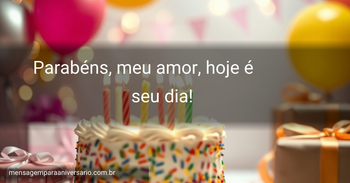 Cena festiva com um bolo colorido, velas acesas, balões, confete e luzes desfocadas.