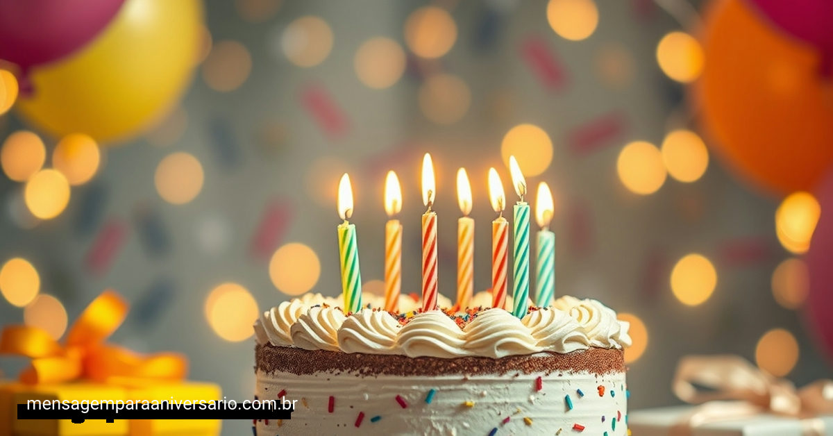 Ambiente festivo de aniversário com bolo, balões e confete ao redor.