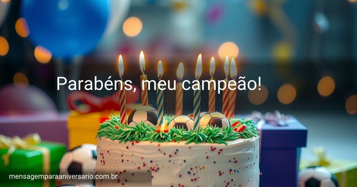 Cena festiva de aniversário com bolo de futebol, velas, bolas de futebol, balões coloridos e confete em um ambiente iluminado.