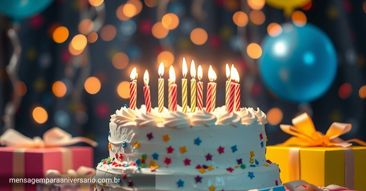 Cena festiva de aniversário com um grande bolo, balões coloridos, confete e caixas de presentes, com luzes bokeh ao fundo.