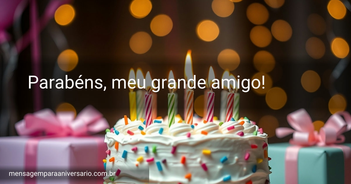 Cena festiva de aniversário com bolo colorido, velas acesas, balões, confete, presentes embrulhados e luzes bokeh.