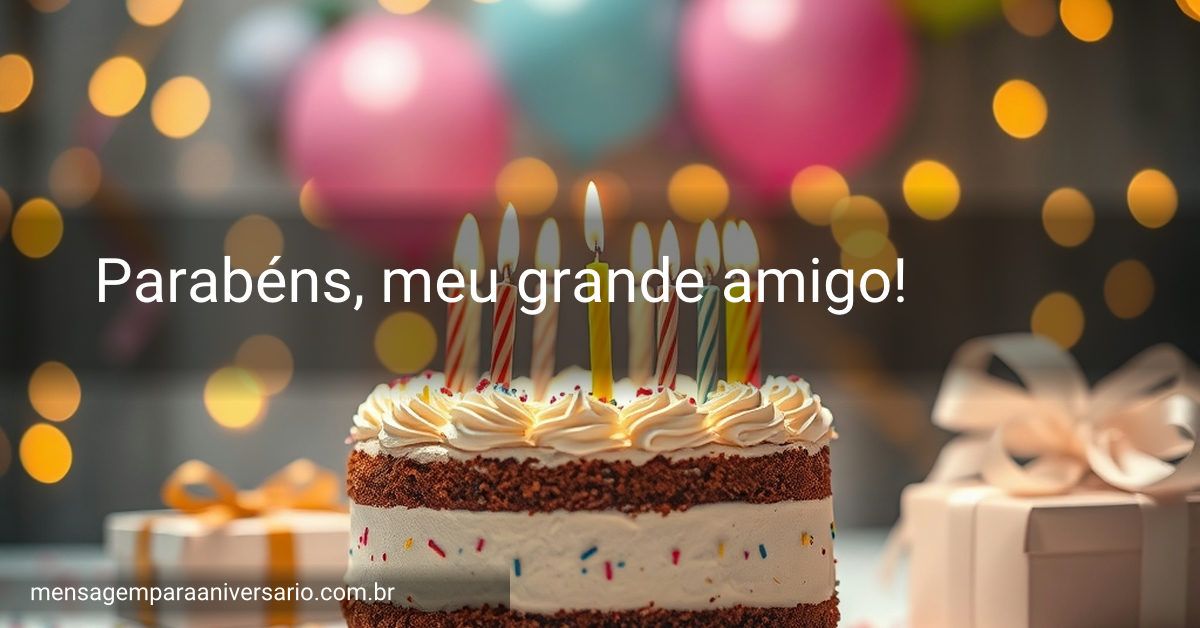 Uma mesa de festa com um bolo de aniversário, velas acesas, balões variados e presentes, cercada por confete e luzes brilhantes.