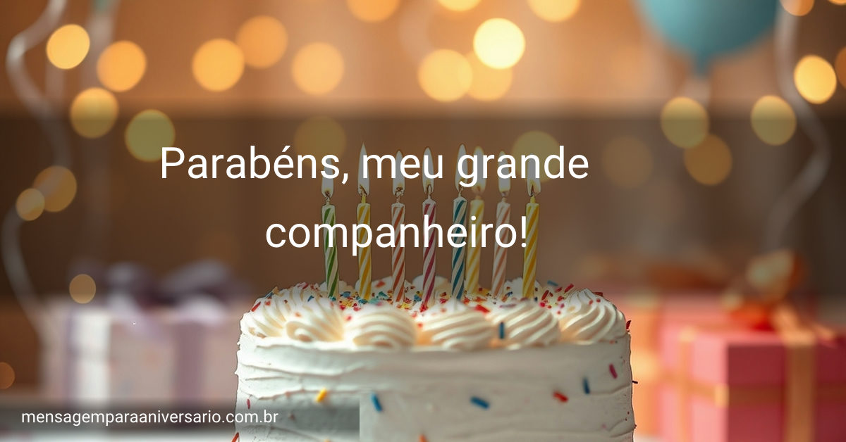 Decoração de aniversário com bolo, velas, balões, confetes e presentes.