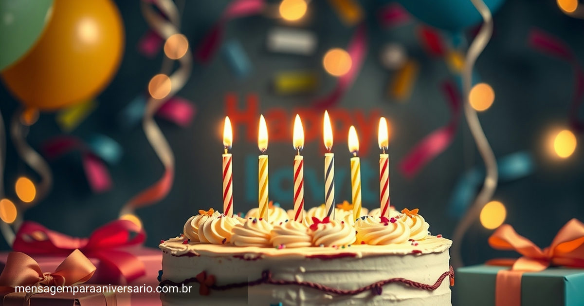 Uma cena festiva de aniversário com bolo, velas, balões, confete e luzes bokeh.