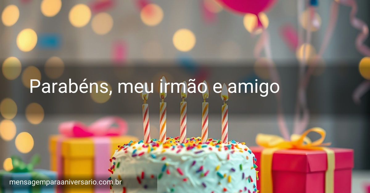 Cena festiva com bolo colorido, velas acesas, balões e confete.