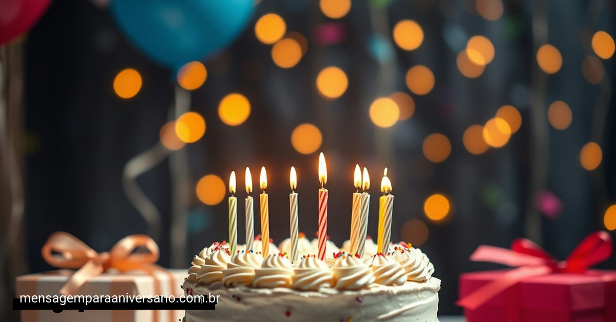 Cena festiva de aniversário com bolo, velas, balões, confetes e luzes.