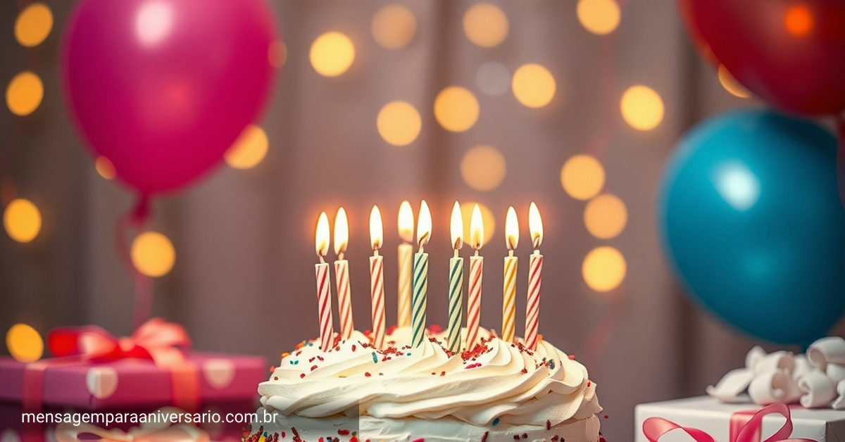 Uma mesa decorada com um bolo de aniversário, velas acesas, balões coloridos, confetes espalhados e presentes empilhados.