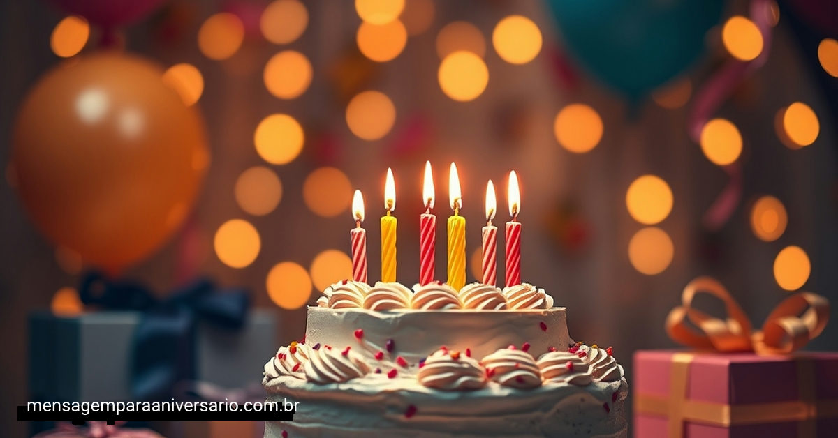 Cena festiva de aniversário com bolo, velas, balões, confete e luzes bokeh.