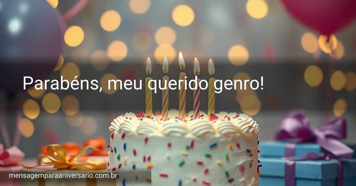 Cena festiva de aniversário com bolo, velas, balões, confete e presentes.