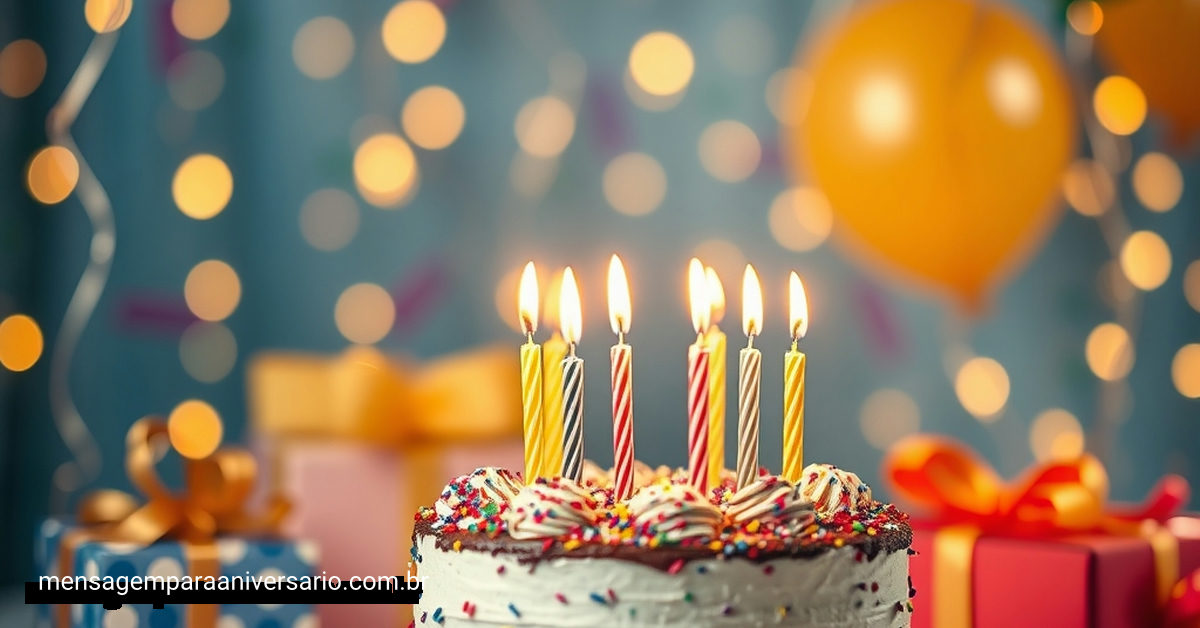 Cena festiva de aniversário com bolo, velas, balões e confetes.