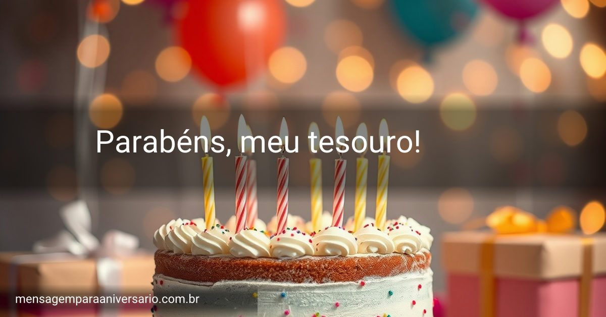 Cena festiva de aniversário com bolo, velas, balões, confete e presentes.