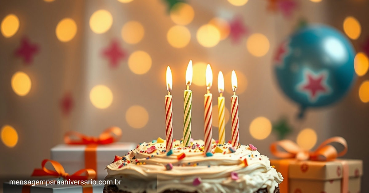 Cena festiva de aniversário com bolo, velas, balões coloridos e confetes.