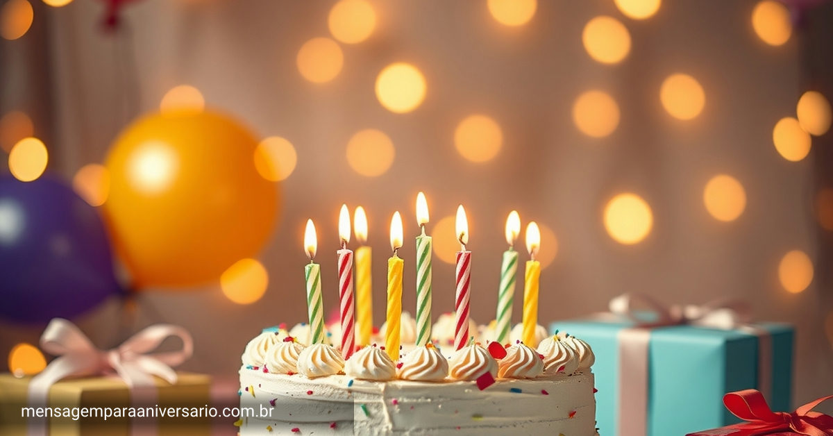 Uma cena festiva de aniversário com bolo, velas, balões, confete e presentes.