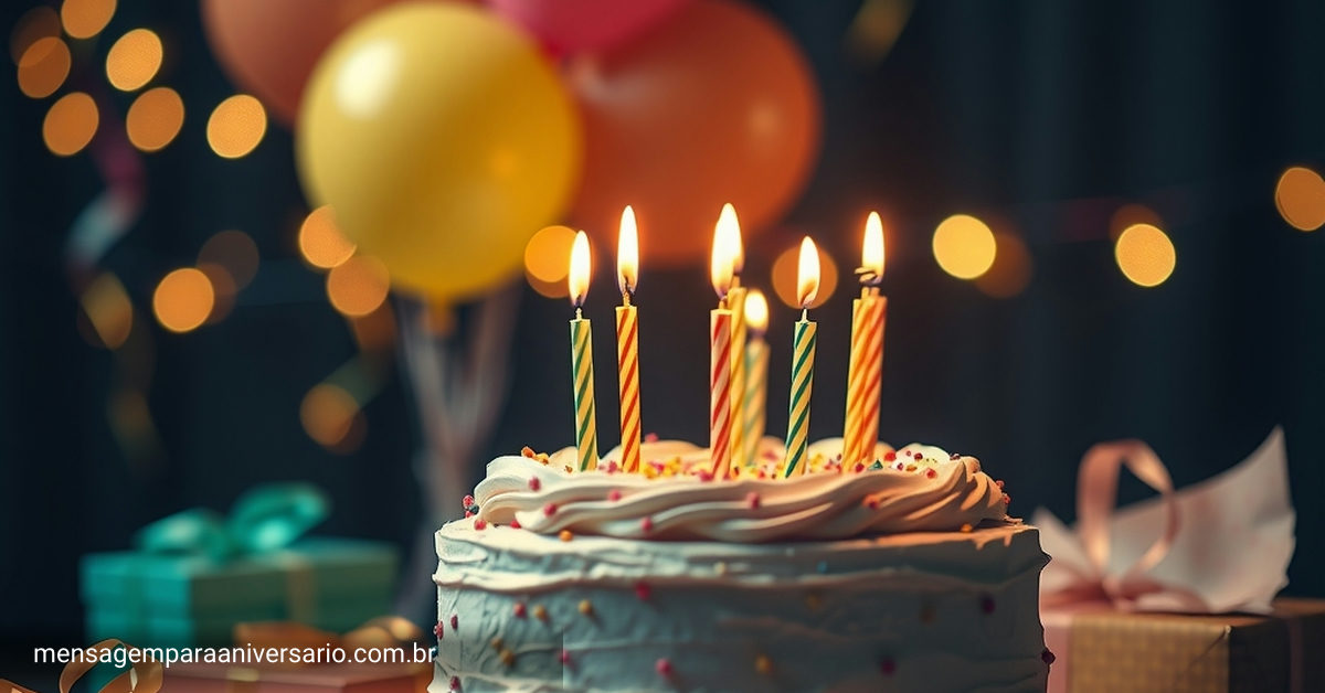 Uma cena festiva de aniversário com bolo, velas, balões, confetes e presentes.