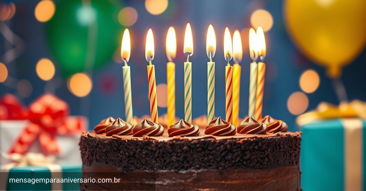 Uma cena festiva de aniversário com um bolo de chocolate, velas acesas, balões coloridos, confetes e luzes difusas.