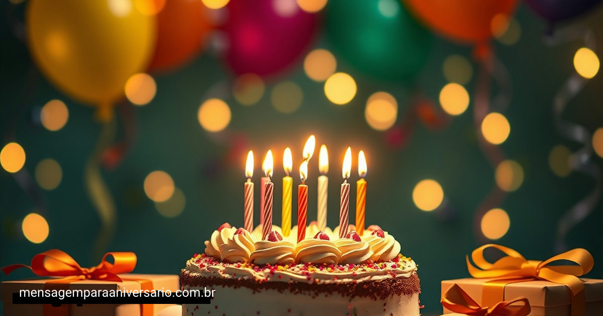 Cena festiva de aniversário com bolo, velas, balões, confete e presentes sobre uma mesa decorada.