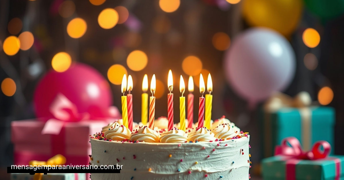 Cena de aniversário festiva com bolo, velas, balões, confete e presentes.