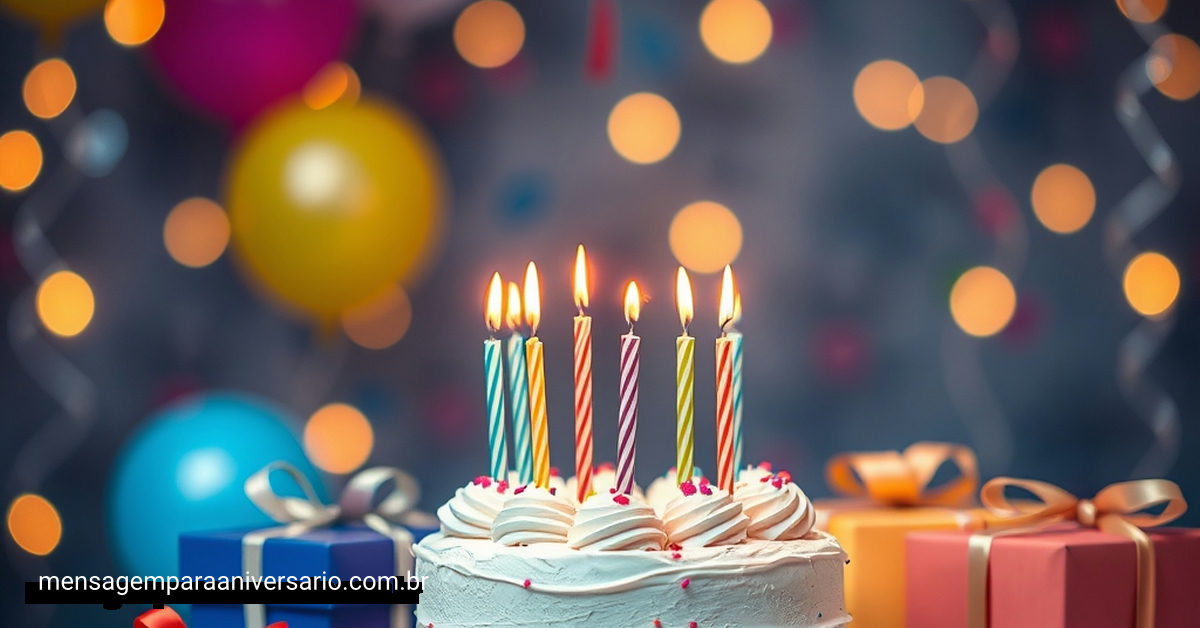 Uma cena festiva de aniversário com bolo, velas, balões, confete e presentes.