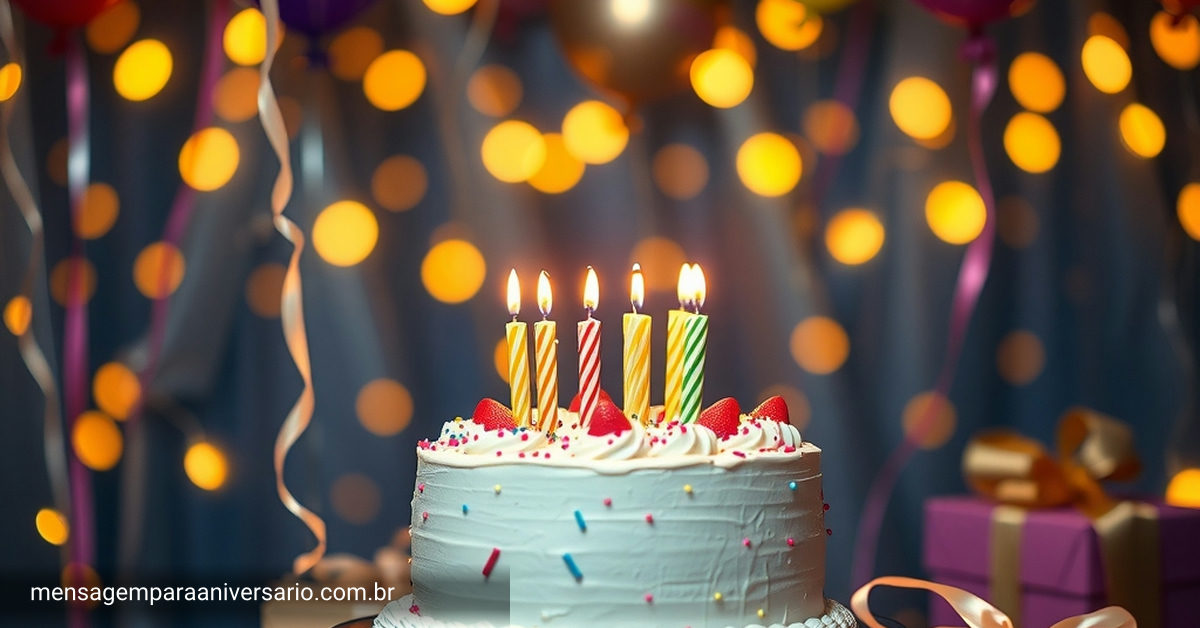 Cena festiva com um bolo de aniversário decorado, balões coloridos, confete brilhante, luzes cintilantes e presentes bem embrulhados.