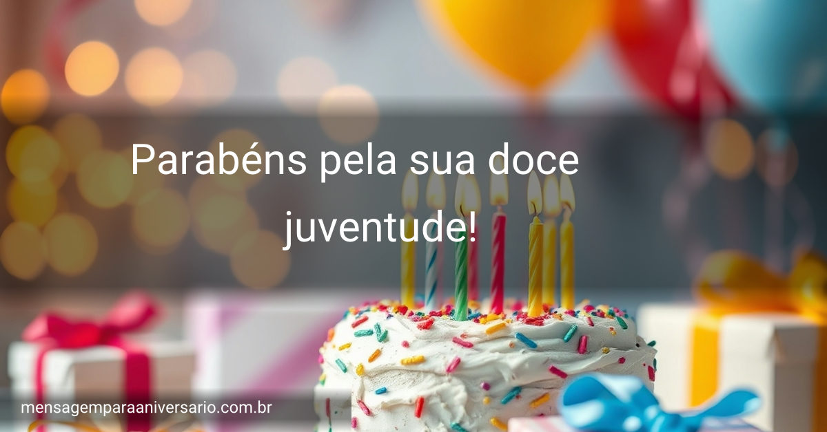 Cenário de festa de aniversário com bolo colorido, velas acesas, balões, confete, presentes e luzes desfocadas.