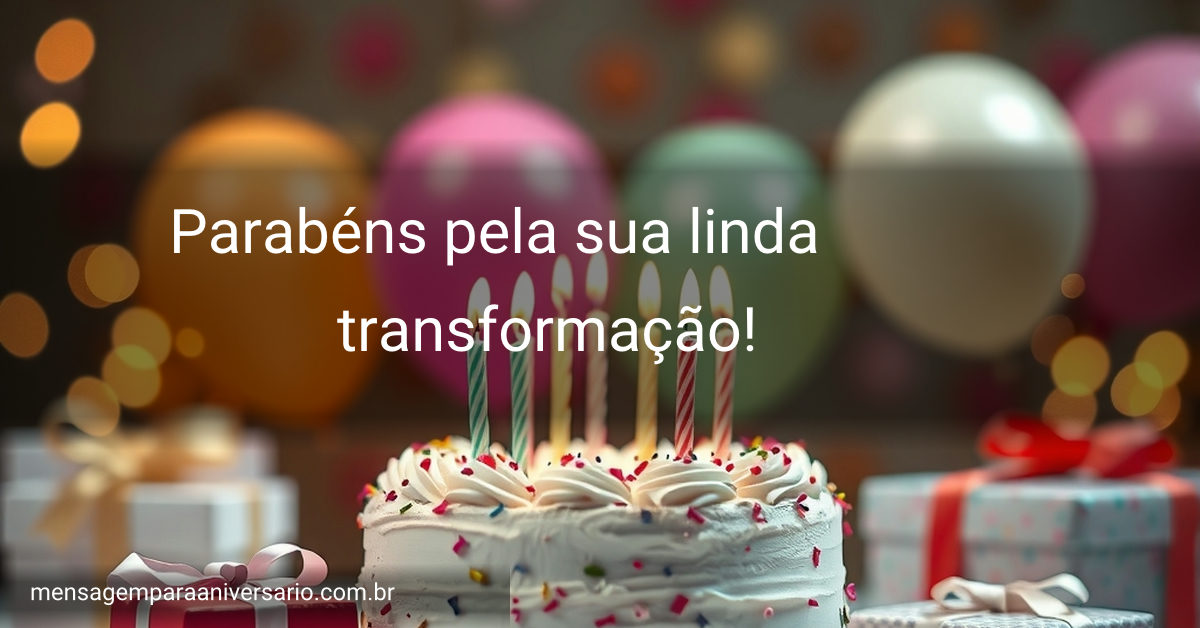 Cena festiva de aniversário com bolo, velas, balões, confetes e presentes.