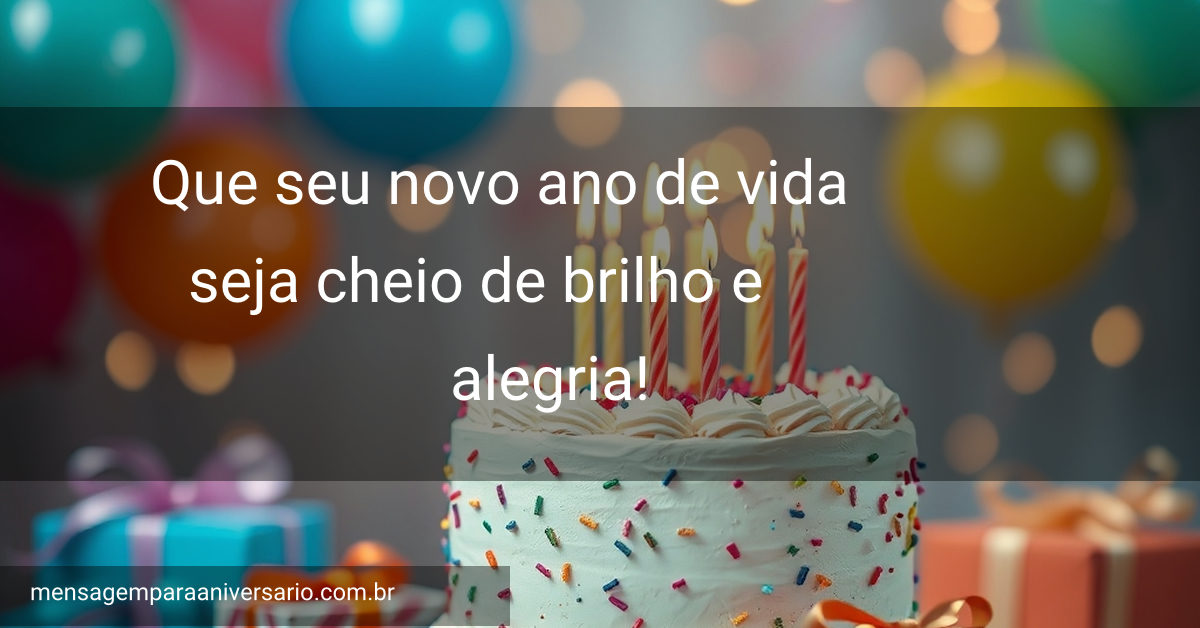 Cena festiva de aniversário com bolo, velas, balões e presentes.