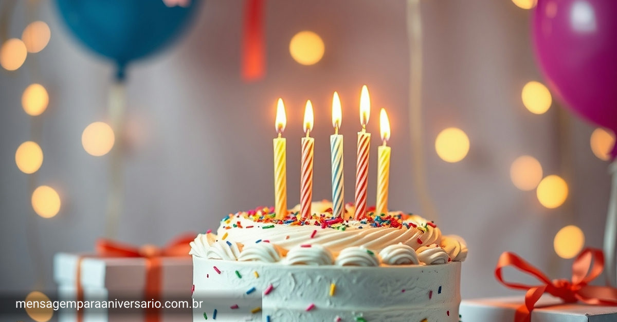 Cena festiva com um bolo deslumbrante, velas, balões coloridos e confetes.