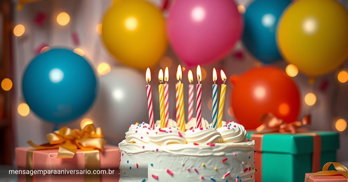 Uma mesa decorada com um bolo de aniversário, velas acesas, balões coloridos e confetes, tudo em clima festivo.