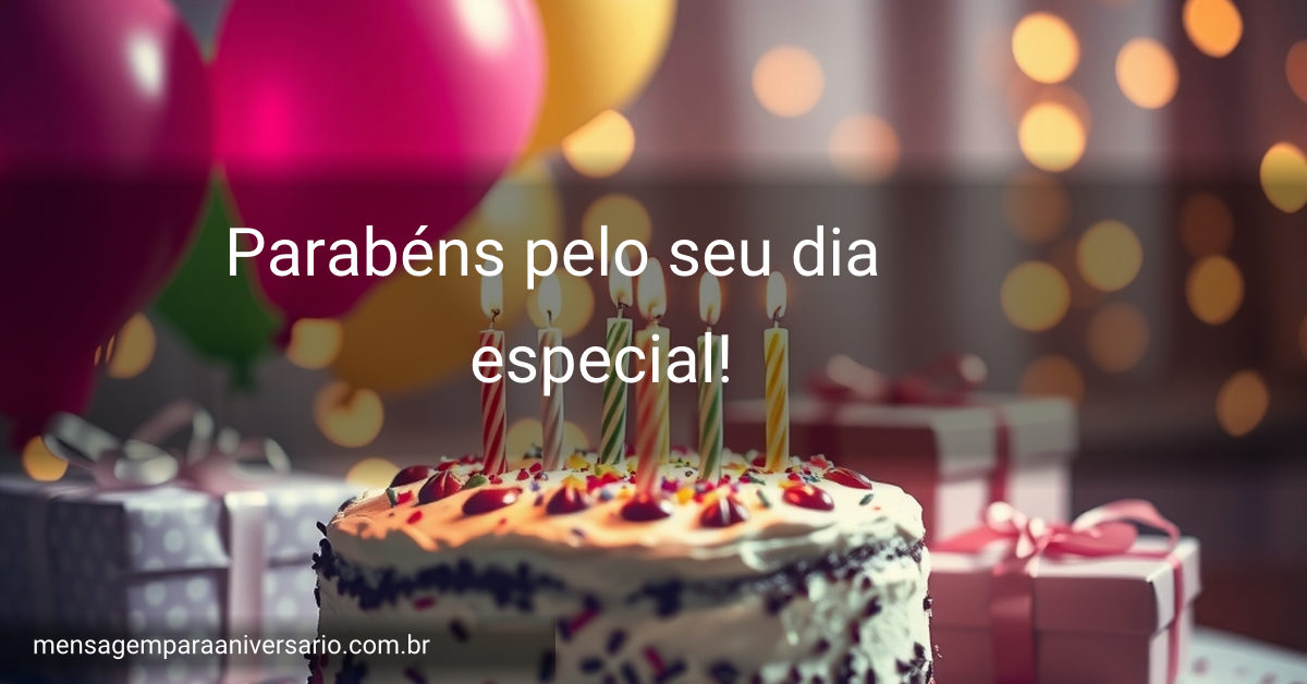 Cena festiva de aniversário com bolo, velas, balões, confete e presentes.