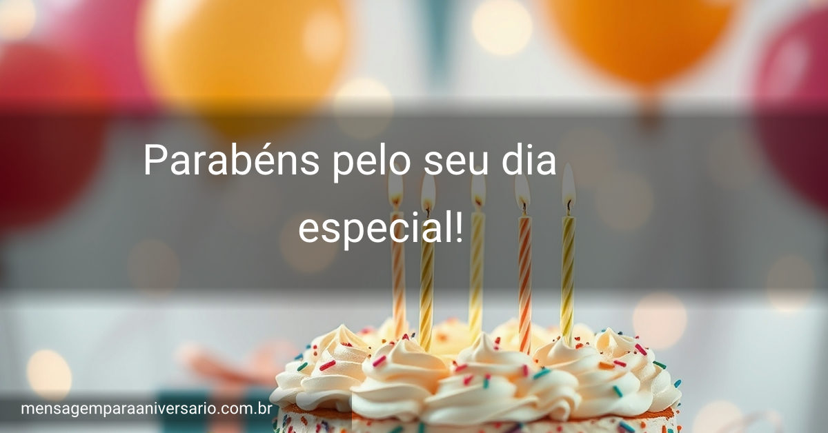 Uma cena de celebração de aniversário colorida com um bolo decorado, presentes e luzes festivas.