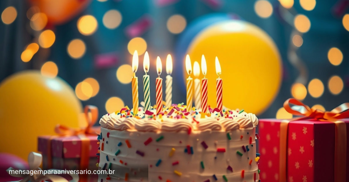 Cena festiva de aniversário com bolo, velas, balões, confetes e presentes.