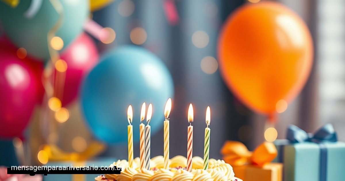 Cena festiva de aniversário com bolo, velas, balões e confete.