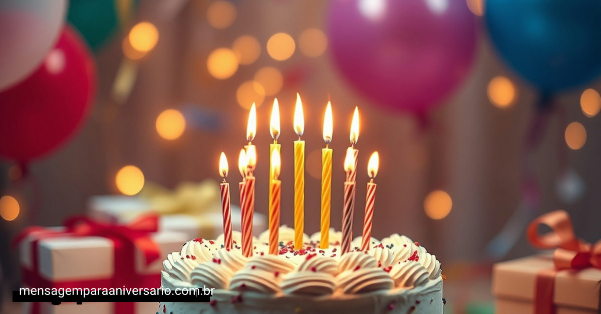 Cena festiva de aniversário com bolo, velas, balões, confetes e presentes.