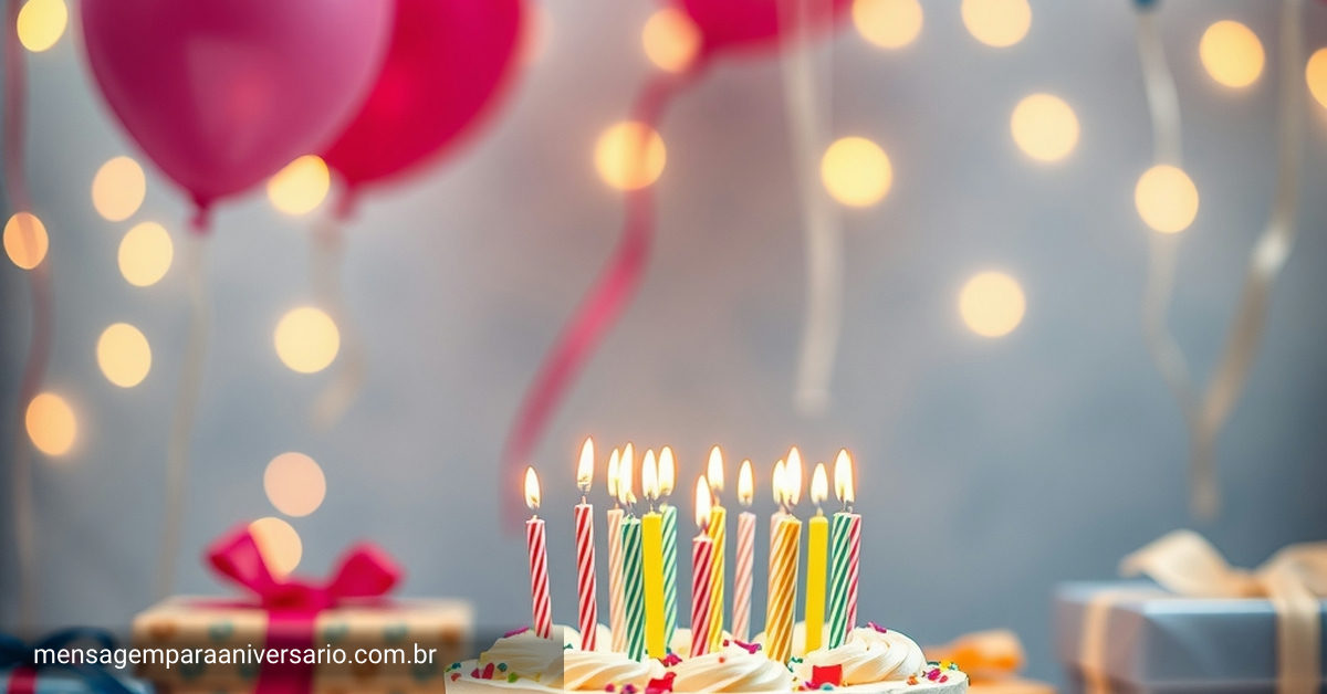 Ambiente de festa de aniversário com decoração colorida, balões e presentes.