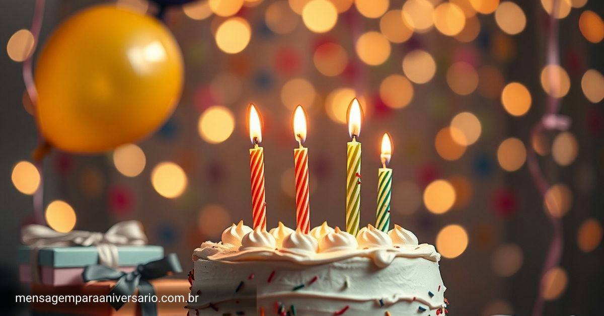 Uma mesa decorada com um bolo de aniversário colorido, balões, confetes e presentes.