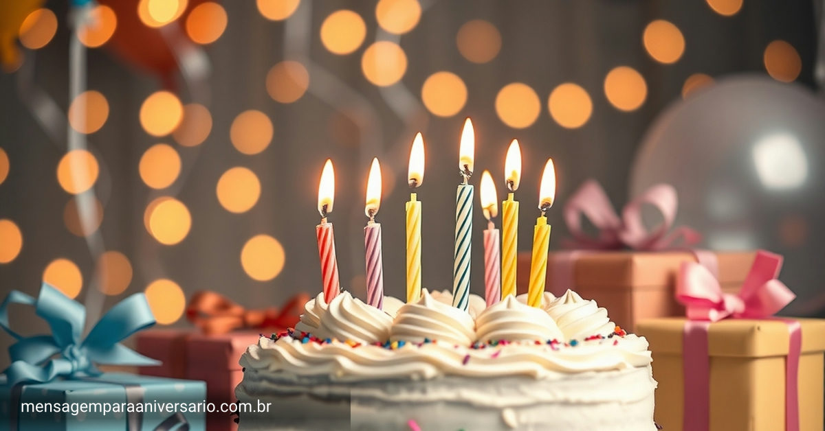 Cena de aniversário com bolo decorado, velas acesas, balões coloridos, confete e presentes organizados sobre uma mesa.
