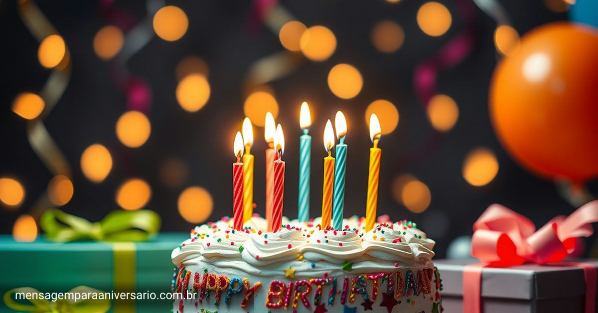 Cena festiva de aniversário com bolo colorido, velas, balões, confetes e presentes.