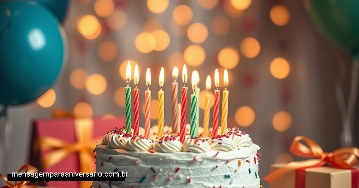 Cena festiva de aniversário com bolo, velas, balões e confete.