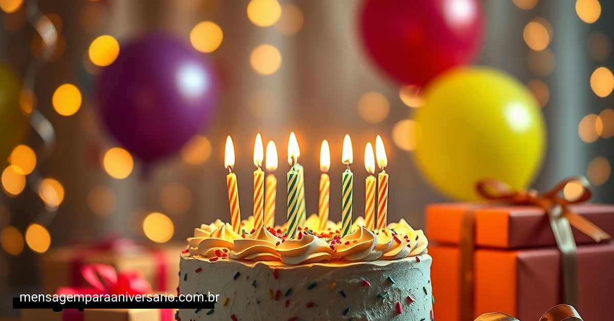 Uma cena festiva de aniversário com bolo, velas, balões, confete e luzes bokeh.