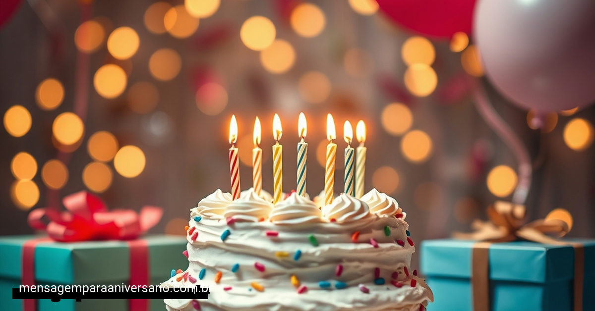 Cena festiva de aniversário com bolo, velas, balões, confete e luzes desfocadas.