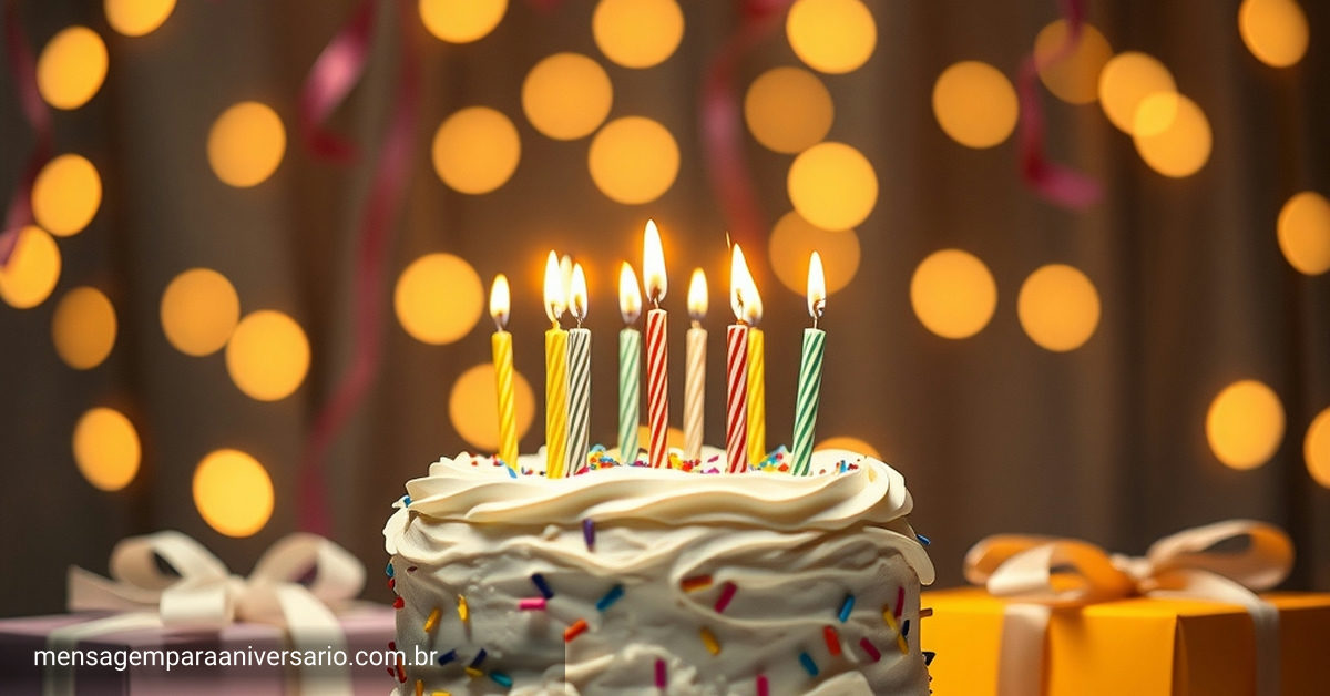 Cenário de aniversário festivo com bolo, velas, balões coloridos, confete, presentes e luzes bokeh.