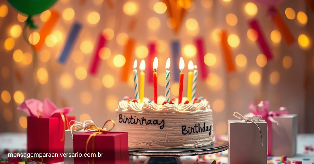 mesa festiva de aniversário com decorações coloridas, sacolinhas de presentes, balões e confete.