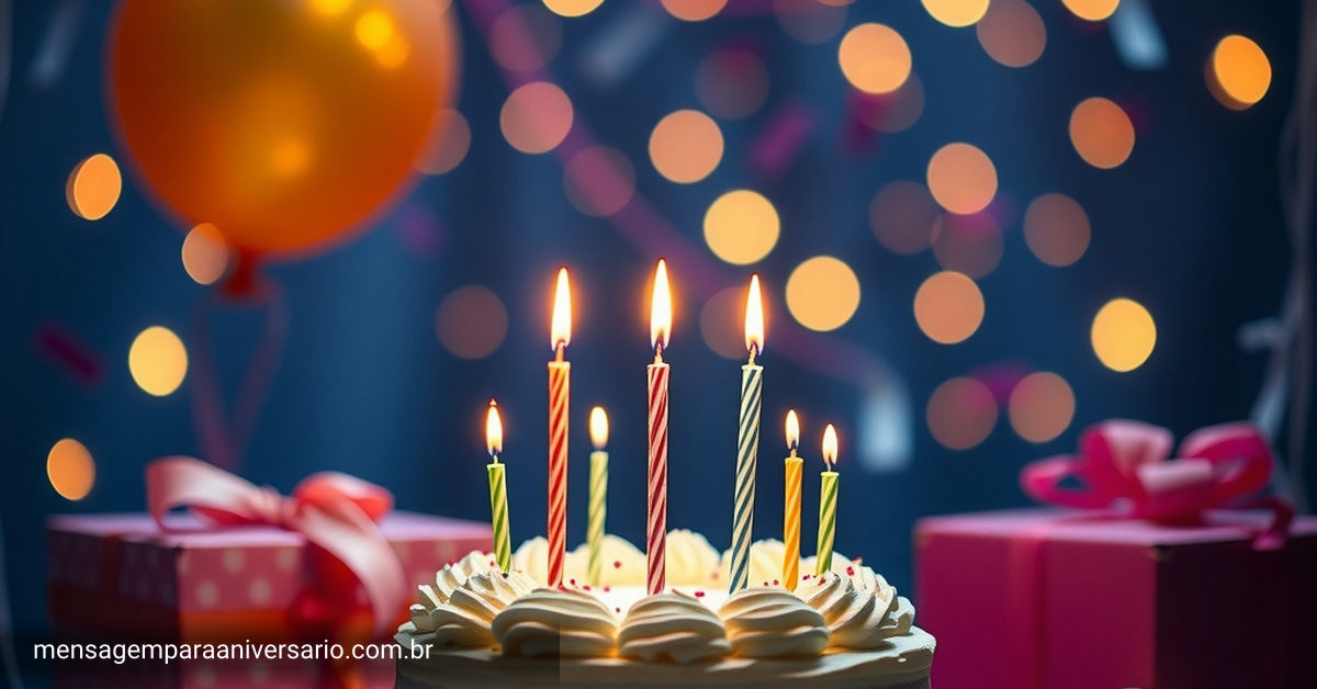 Uma decoração de aniversário com bolo, velas, balões festivos e presentes em meio a um fundo com luzes bokeh.
