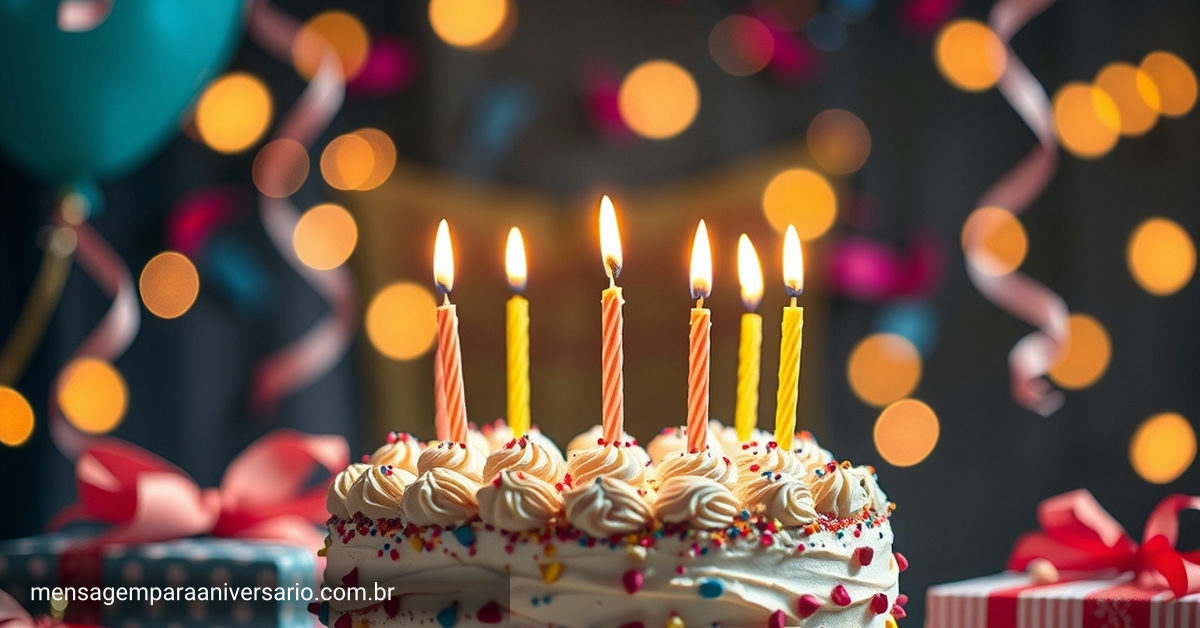 Uma mesa de aniversário decorada com um bolo, velas acesas, balões coloridos e presentes, iluminada por luzes bokeh.
