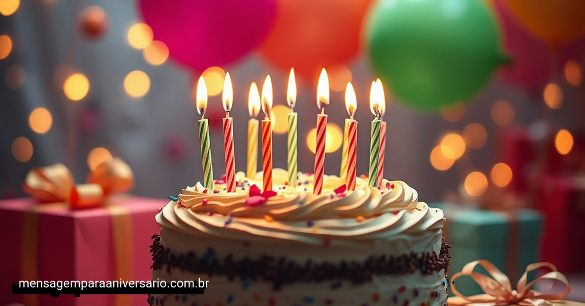 Cena festiva de aniversário com bolo, velas, balões e confetes.
