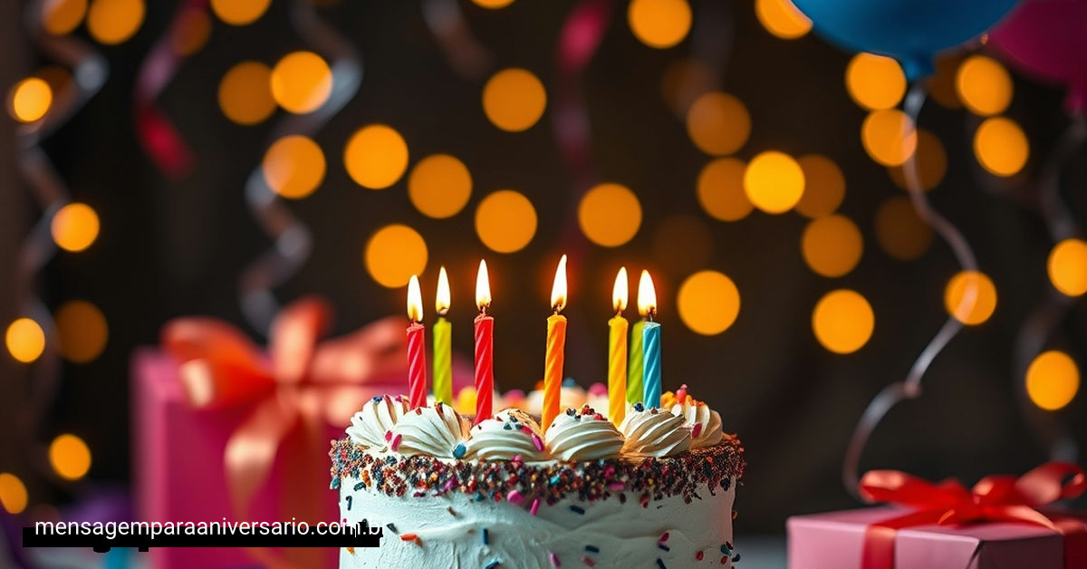 Um tema alegre de aniversário com um bolo, balões coloridos, confetes e luzes bokeh sonhadoras.