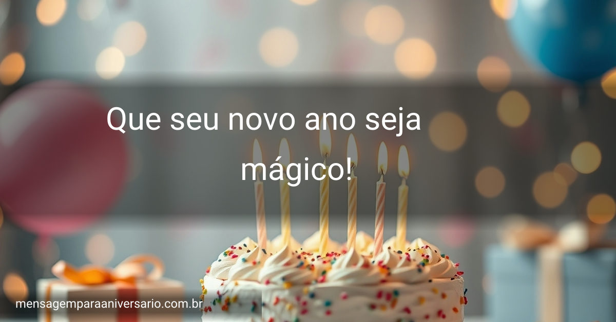 Uma mesa de aniversário decorada com um bolo, velas, balões de várias cores, presentes com laços brilhantes e confetes. Luzes bokeh ao fundo trazem um toque esp
