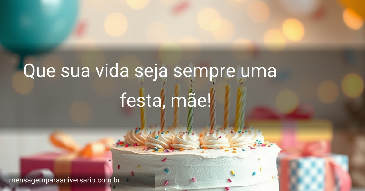 Cena de aniversário com bolo, velas, balões, confetes e presentes.