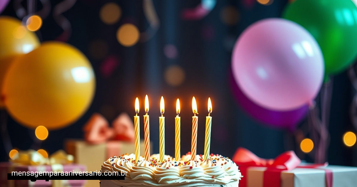 Cena festiva de aniversário com bolo, velas, balões e confetes.