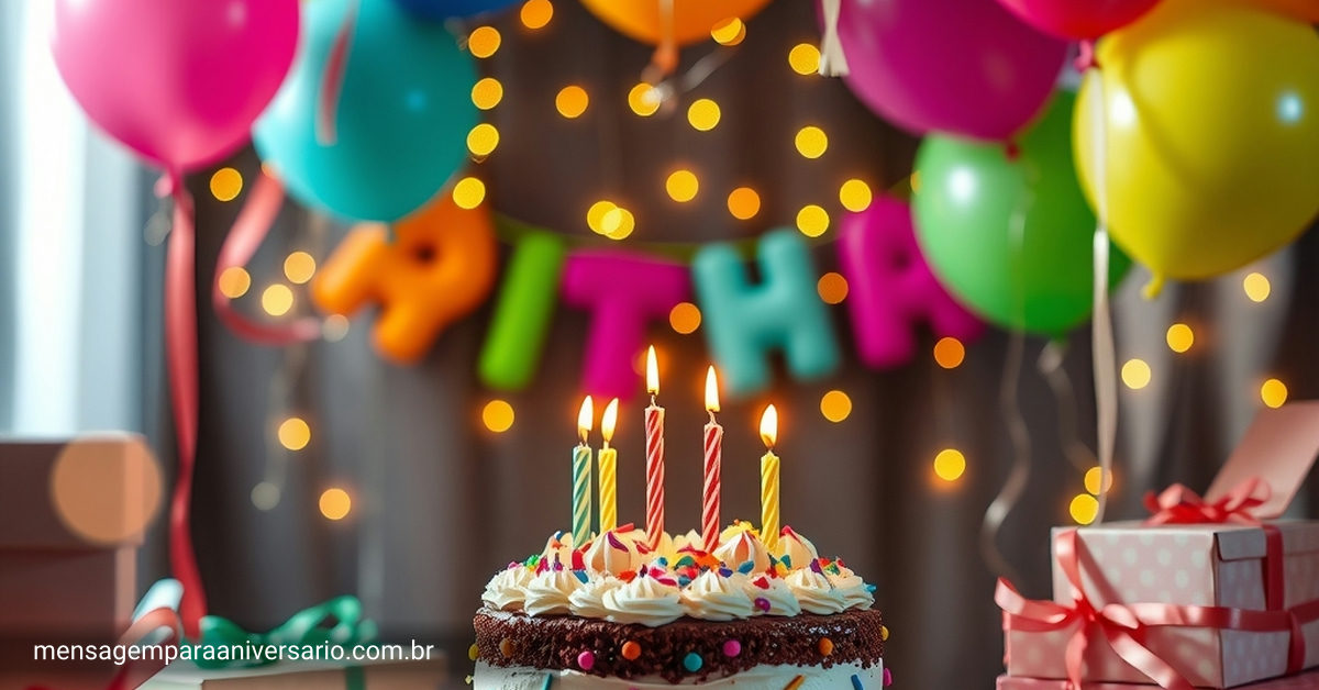Cenário festivo de aniversário com balões coloridos, serpentinas, bolo e luzes cintilantes, sem pessoas, apenas decoração.